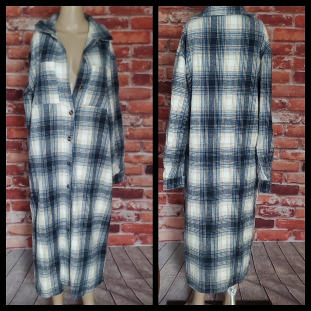 Blue Plaid Long Coat Large NWOT - Picture 3 of 3